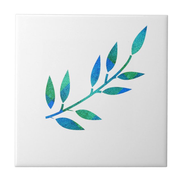 Glittery Teal Blue Leaf Gift Decor Party Favour Tile (Front)
