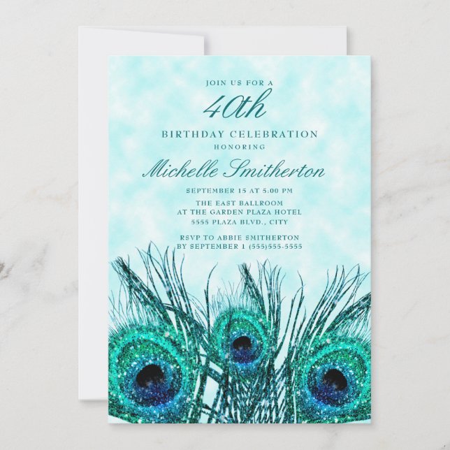 Glittery Teal Blue Peacock Feathers 40th Invitation (Front)