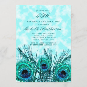 Glittery Teal Blue Peacock Feathers 40th Invitation