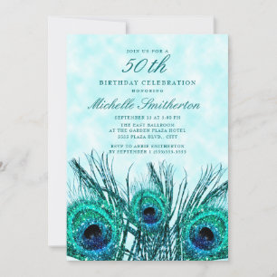Glittery Teal Blue Peacock Feathers 50th Invitation