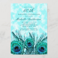 Glittery Teal Blue Peacock Feathers 60th Birthday