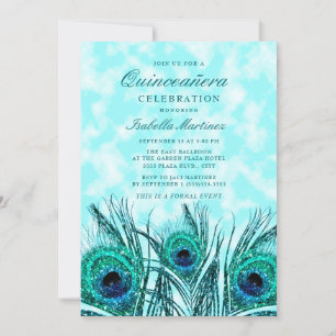 Glittery Teal Blue Peacock Feathers Quinceañera Invitation