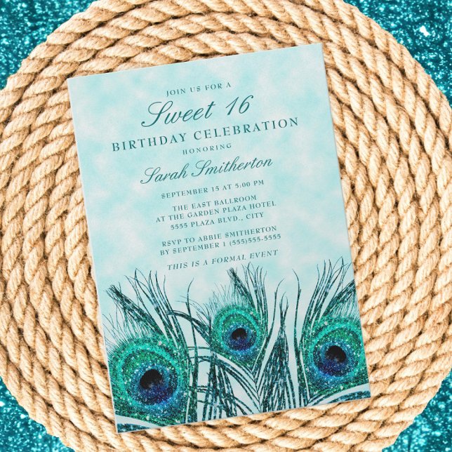 Glittery Teal Blue Peacock Feathers Sweet 16 Invitation (Teal peacock feathers Sweet 16 birthday invitation)