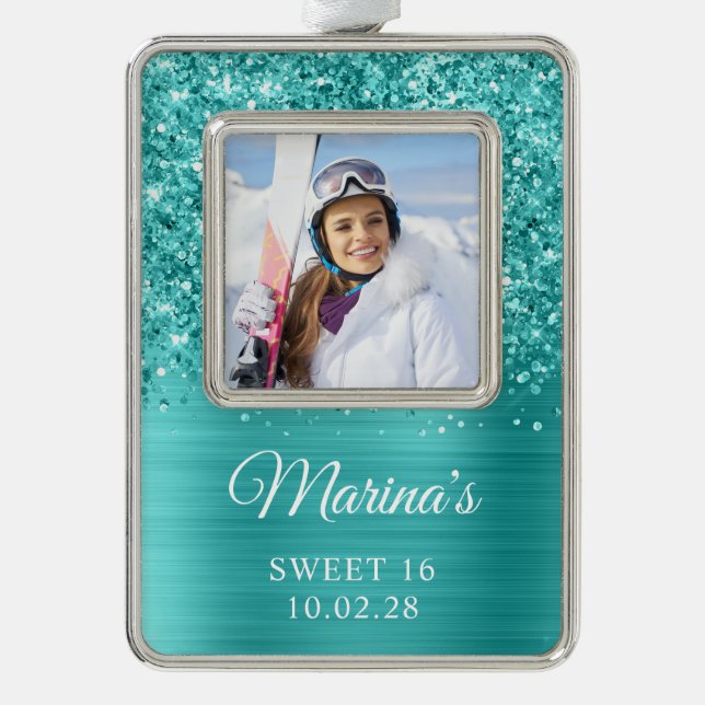 Glittery Teal Foil Sweet 16 Photo Silver Plated Framed Ornament (Front)