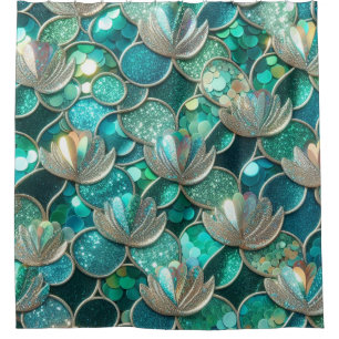 Glittery Teal Mermaid Print With Flowers Shower Curtain