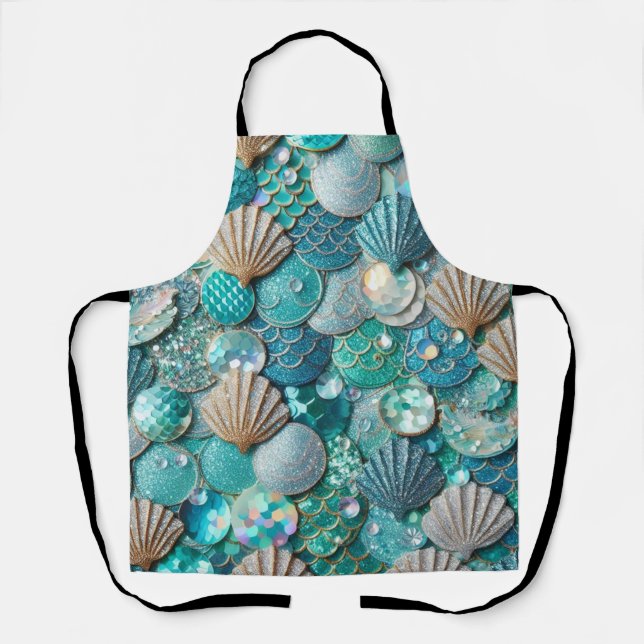 Glittery Teal Mermaid Tail Scales Print  Apron (Front)