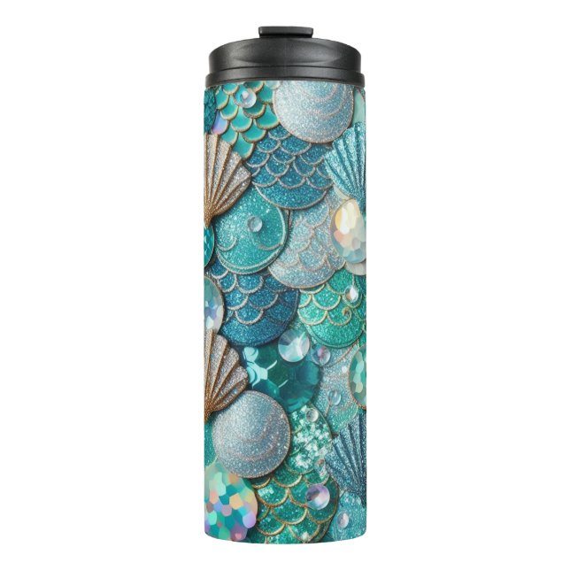 Glittery Teal Mermaid Tail Scales Print  Thermal Tumbler (Front)