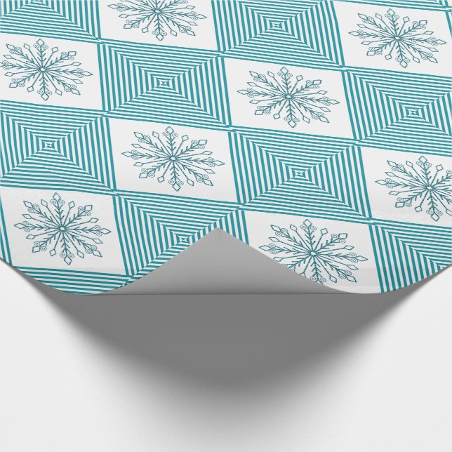Glittery Teal Snowflakes and Stripes Wrapping Paper (Corner)