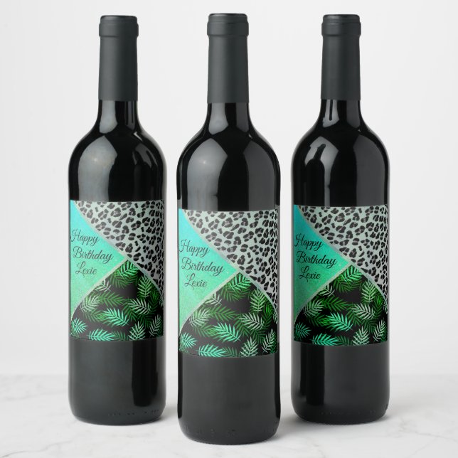 Glittery Teal Tropical Leopard Birthday          Wine Label (Bottles)