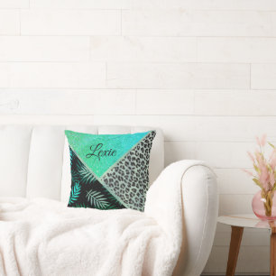 Glittery Teal Tropical Leopard Print  Cushion