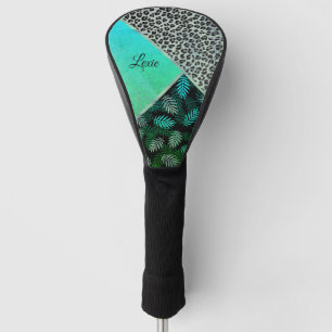 Glittery Teal Tropical Leopard Print Golf Head Cover