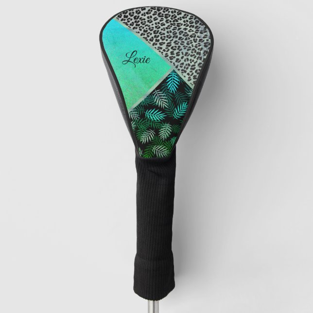 Glittery Teal Tropical Leopard Print   Golf Head Cover (Front)