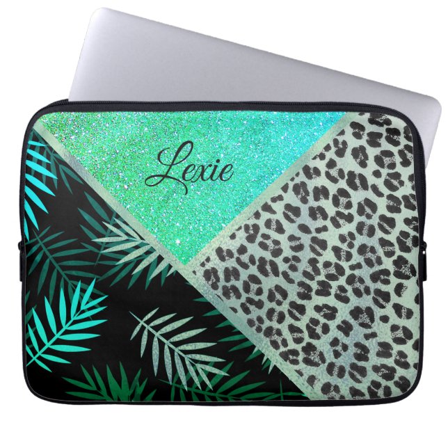 Glittery Teal Tropical Leopard Print      Laptop Sleeve (Front)