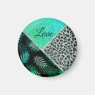 Glittery Teal Tropical Leopard Print Magnet