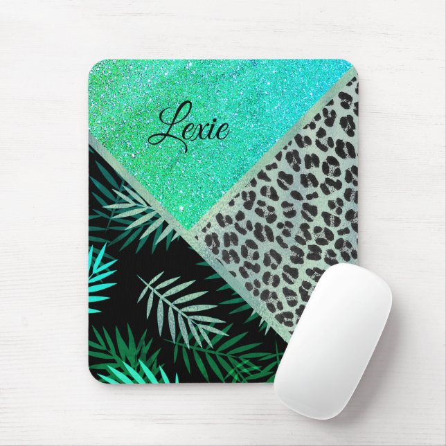 Glittery Teal Tropical Leopard Print Mouse Mat (With Mouse)