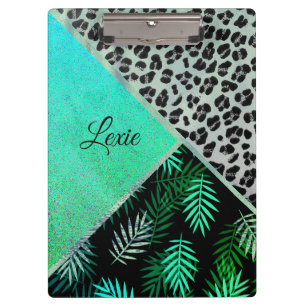 Glittery Teal Tropical Leopard Print Personalised Clipboard