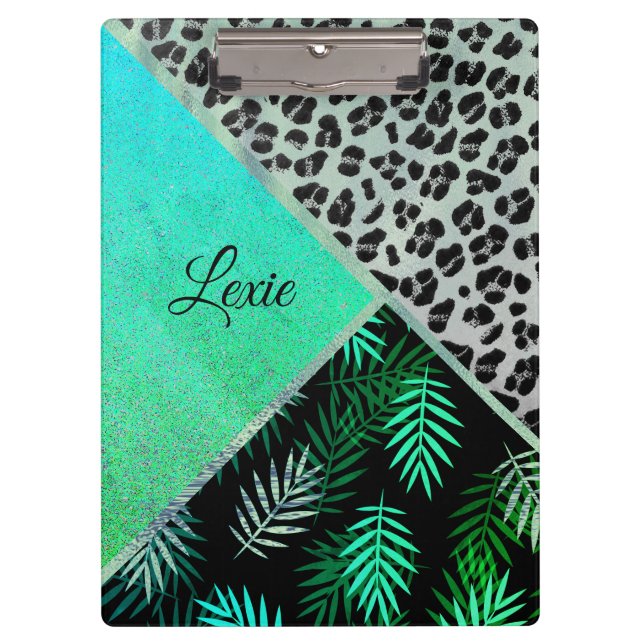 Glittery Teal Tropical Leopard Print  Personalised Clipboard (Front)