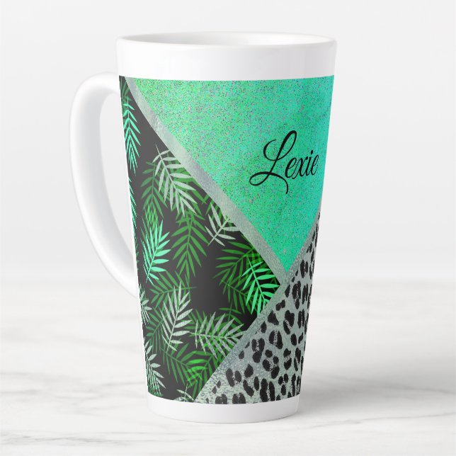 Glittery Teal Tropical Leopard Print Personalised Latte Mug (Left Angle)