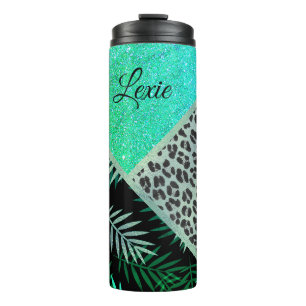 Glittery Teal Tropical Leopard Print      Thermal Tumbler