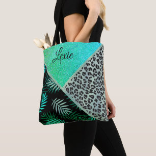 Glittery Teal Tropical Leopard Print Tote Bag