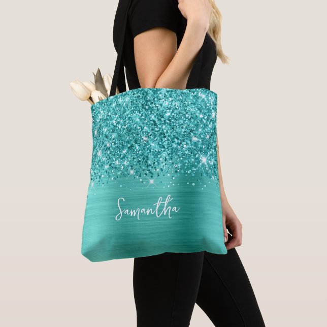 Glittery Turqoise Teal Glam Name Tote Bag (Close Up)