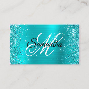 Glittery Turquoise Blue Foil Fancy Monogram Business Card