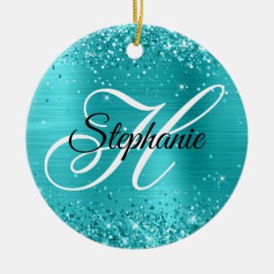 Glittery Turquoise Blue Foil Fancy Monogram Ceramic Tree Decoration