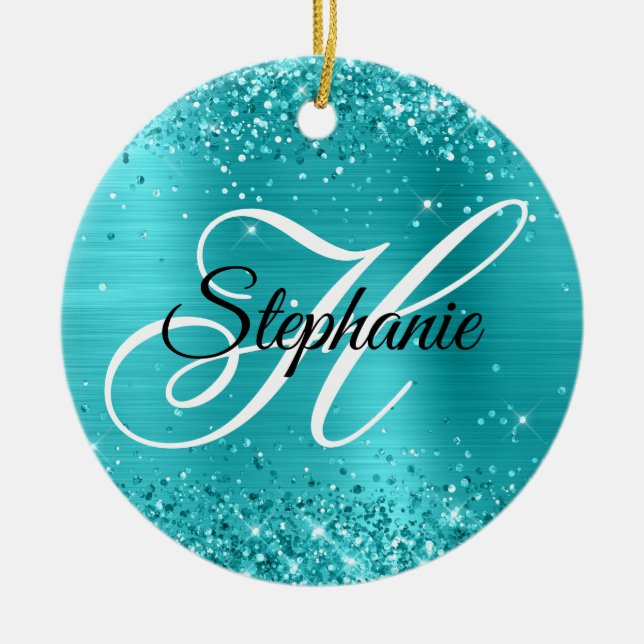 Glittery Turquoise Blue Foil Fancy Monogram Ceramic Tree Decoration (Front)