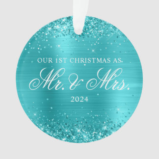Glittery Turquoise Blue Foil Our 1st Christmas Ornament