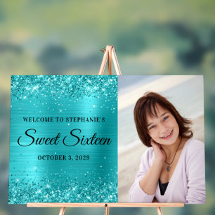 Glittery Turquoise Blue Foil Sweet Sixteen Acrylic Sign