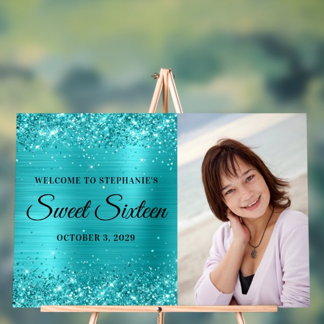 Glittery Turquoise Blue Foil Sweet Sixteen Acrylic Sign (Neutral)