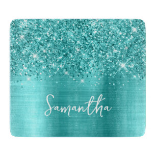 Glittery Turquoise Blue Glam Name Cutting Board