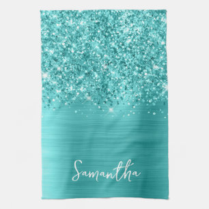 Glittery Turquoise Blue Glam Name Tea Towel