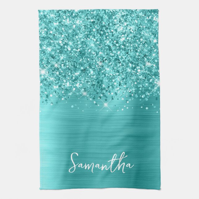 Glittery Turquoise Blue Glam Name Tea Towel (Vertical)
