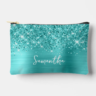 Glittery Turquoise Blue Glam Script Name Accessory Pouch