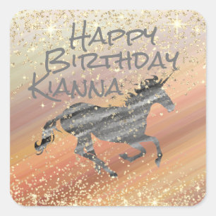Glittery Unicorn Personalised Birthday Square Sticker