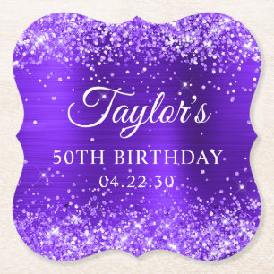 Glittery Violet Foil 50th Birthday Paper Coaster