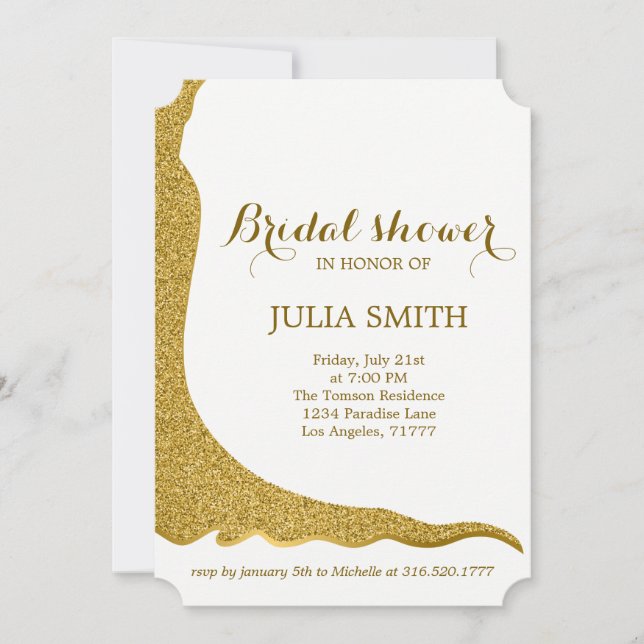 Glittery wedding dress invitation (Front)