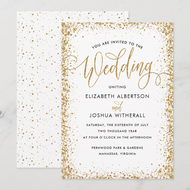 Glittery Wedding Invitation in Faux Gold Glitter (Front/Back)