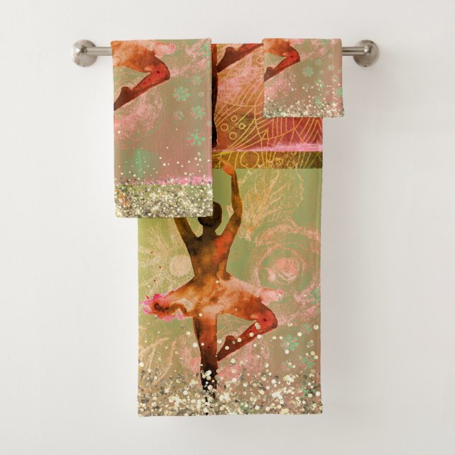 Glittery Whimsical Watercolor Ballerina Bath Towel Set (Insitu)