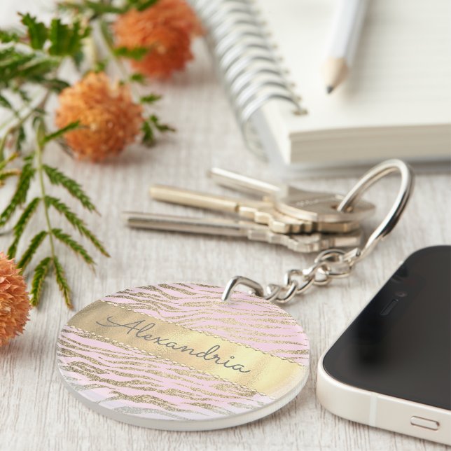 Glittery Zebra Print on Pink Blush Personalised Key Ring (Front Right)