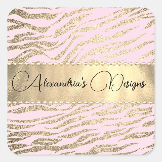 Glittery Zebra Print on Pink Logo Personalised Square Sticker (Front)