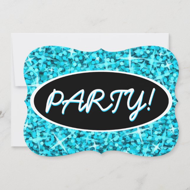Glitz Blue 'Party!' black oval bracket Invitation (Front)