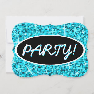 Glitz Blue 'Party!' black oval bracket Invitation
