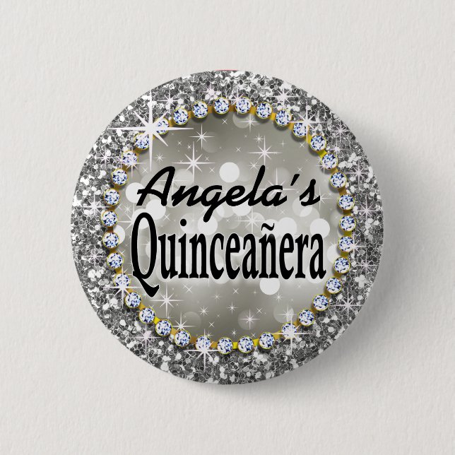 Glitz Glam Bling Quinceañera Celebration silver 6 Cm Round Badge (Front)