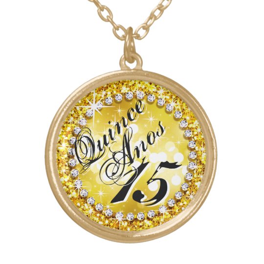 Glitz Glam Bling Quinceañera Celebration yellow Gold Plated Necklace