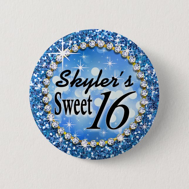 Glitz Glam Bling Sweet 16 Celebration blue 6 Cm Round Badge (Front)