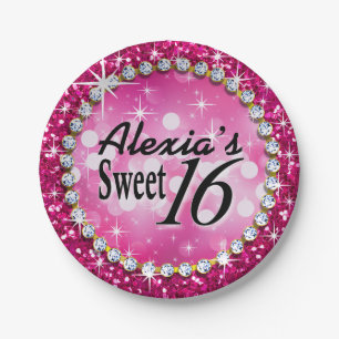 Glitz Glam Bling Sweet 16 Celebration fuschia Paper Plate
