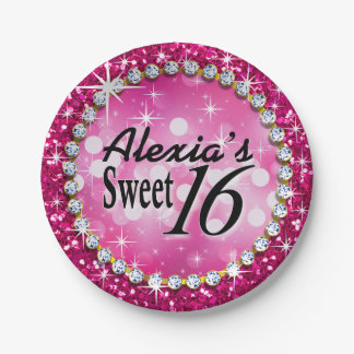 Glitz Glam Bling Sweet 16 Celebration fuschia Paper Plate