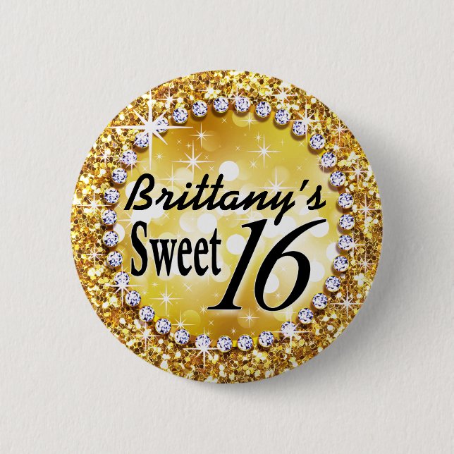Glitz Glam Bling Sweet 16 Celebration gold brite 6 Cm Round Badge (Front)